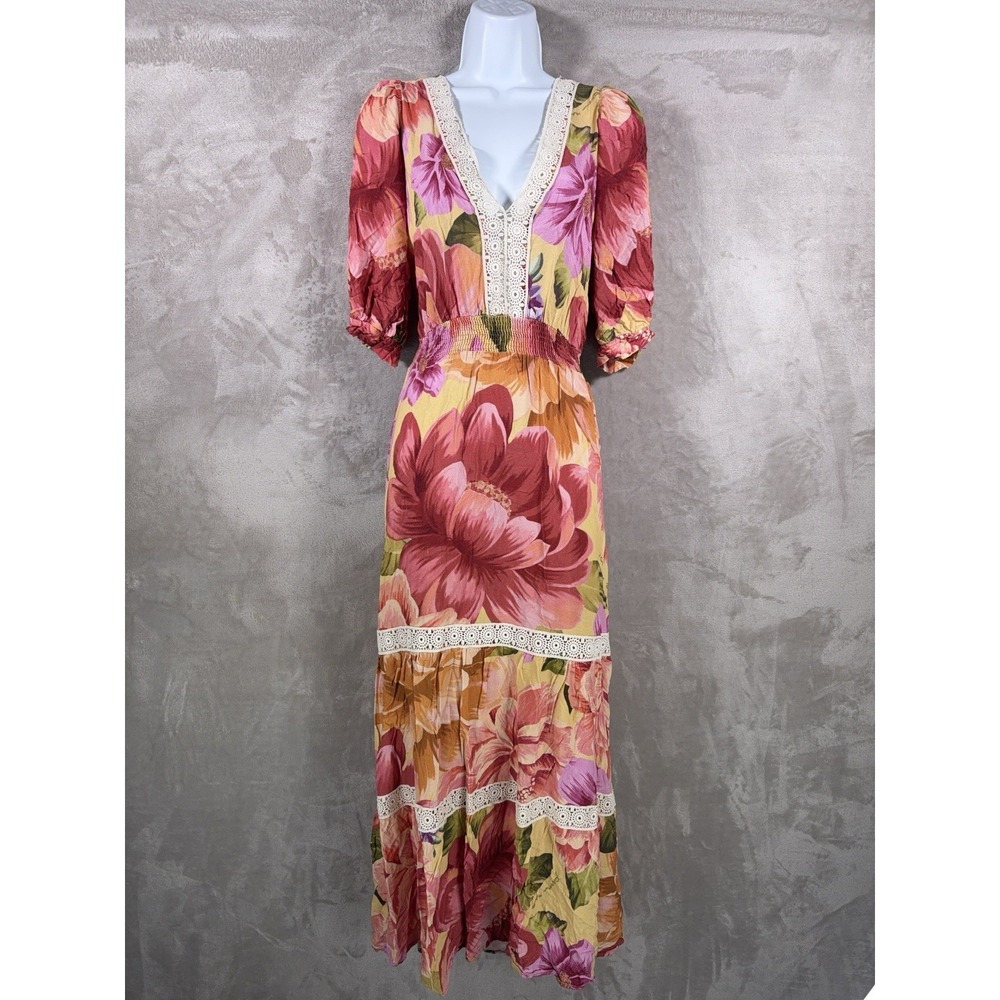 Farm Rio Maxi Dress Womens GG Multicolor Floral Deep V Lace Trim Puffed Boho